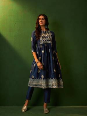 Ziyaa navy blue chinon flare kurta pant set 5
