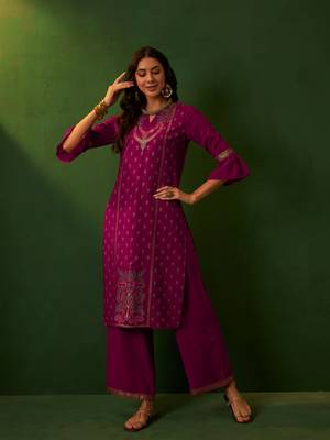 Ziyaa pink crepe straight kurta palazzo set 1