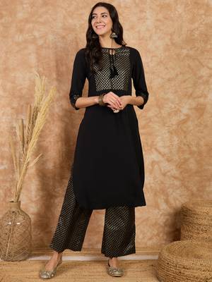 Ziyaa women's black crepe kurta and palazzo set 1