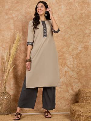 Ziyaa women's beige crepe kurta and palazzo set 1