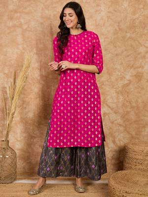 Ziyaa women's pink poly silk kurta and palazzo set 1
