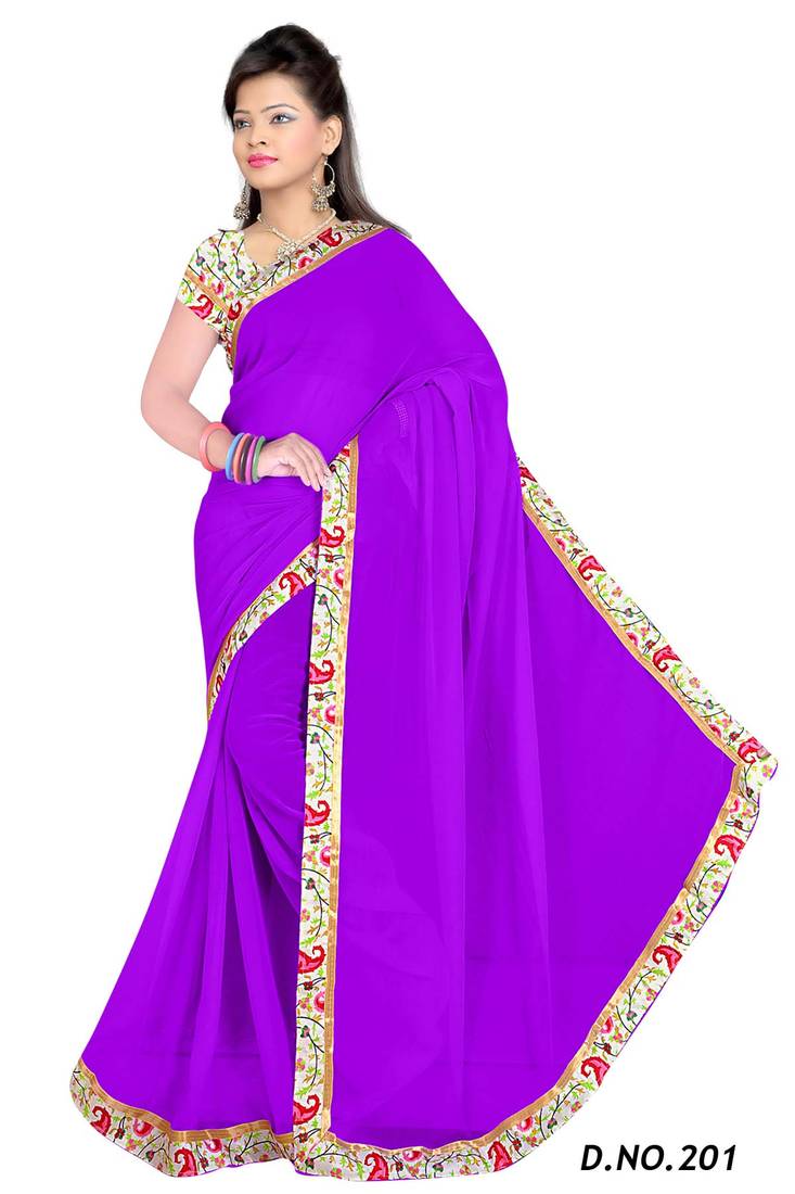 Purple plain chiffon saree with blouse