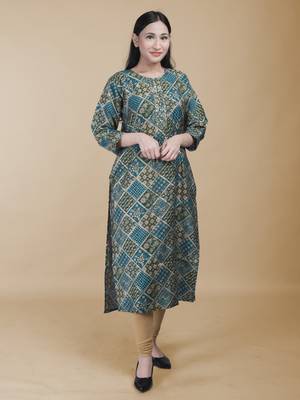 Maahi fabs women abstract floral bandhani dark printed work green kurta 1