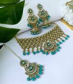 I jewels traditional kundan & pearl drop choker necklace jewellery with jhumki earrings & maang tikka set