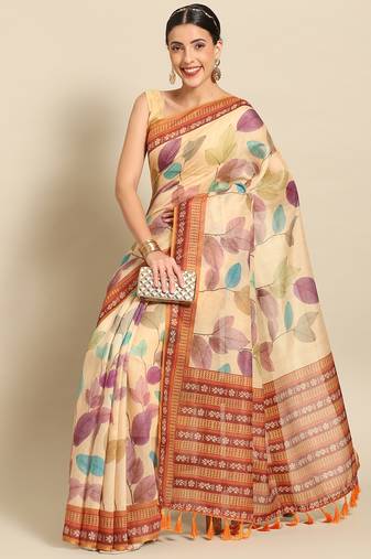 Silk Land  Mustard  Printed Cotton Blend Saree 