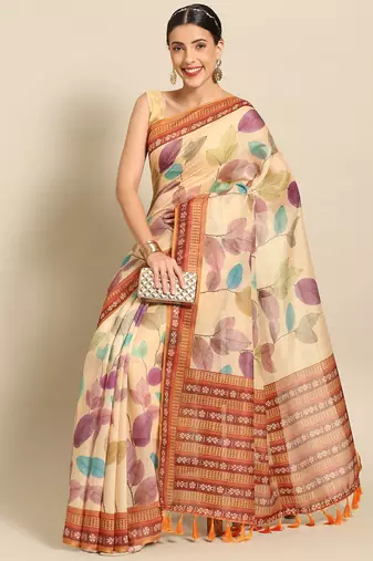 Silk Land  Mustard  Printed Cotton Blend Saree 