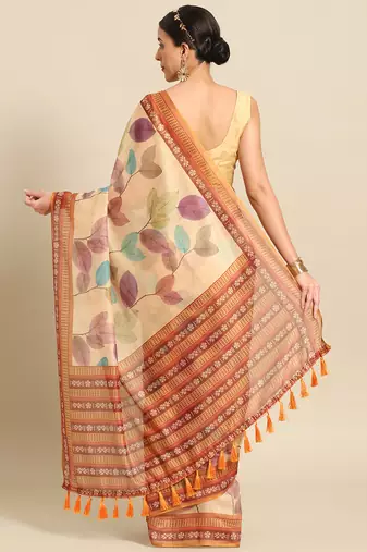 Silk Land  Mustard  Printed Cotton Blend Saree 