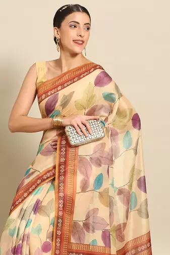 Silk Land  Mustard  Printed Cotton Blend Saree 