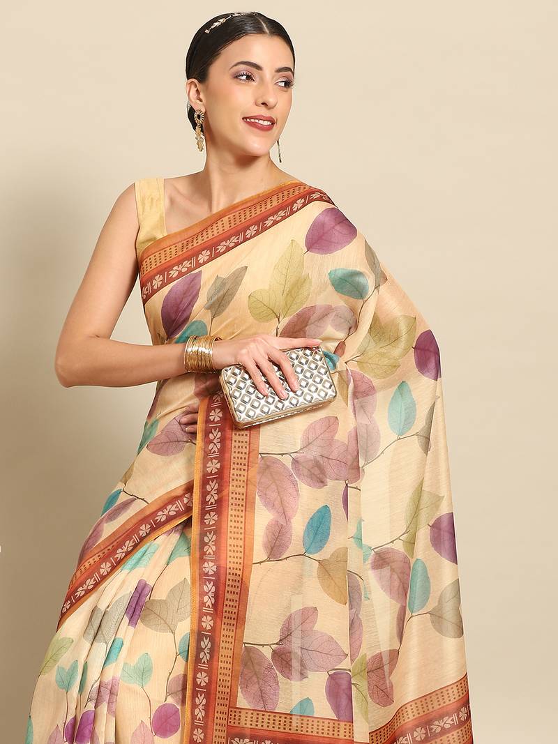 Silk Land  Mustard  Printed Cotton Blend Saree 