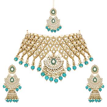 I jewels traditional kundan & pearl drop choker necklace jewellery with jhumki earrings & maang tikka set 2