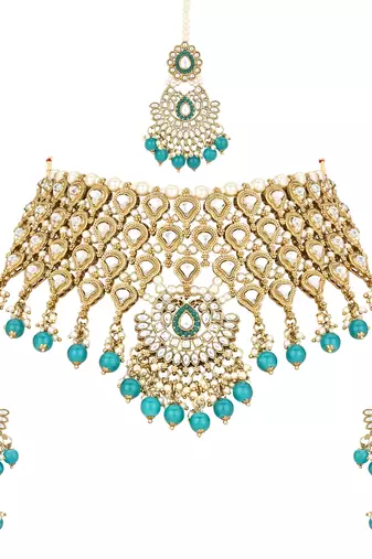 I jewels traditional kundan & pearl drop choker necklace jewellery with jhumki earrings & maang tikka set