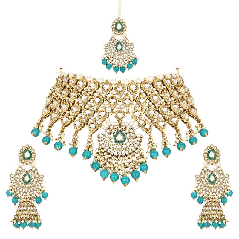 I jewels traditional kundan & pearl drop choker necklace jewellery with jhumki earrings & maang tikka set