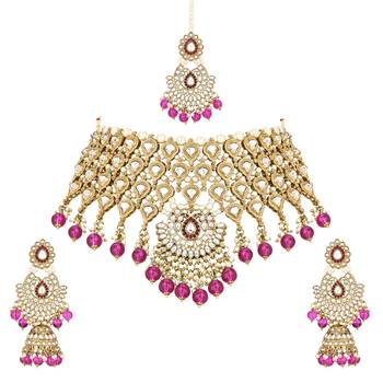 I jewels traditional kundan & pearl drop choker necklace jewellery with jhumki earrings & maang tikka set 2