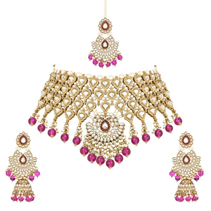 I jewels traditional kundan & pearl drop choker necklace jewellery with jhumki earrings & maang tikka set