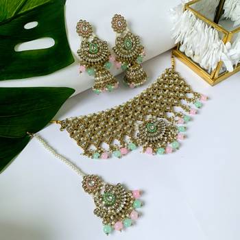 traditional kundan & pearl drop choker necklace jewellery with jhumki earrings & maang tikka set 1