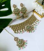 traditional kundan & pearl drop choker necklace jewellery with jhumki earrings & maang tikka set