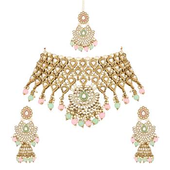 traditional kundan & pearl drop choker necklace jewellery with jhumki earrings & maang tikka set 2