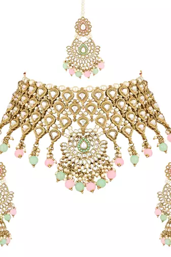 traditional kundan & pearl drop choker necklace jewellery with jhumki earrings & maang tikka set