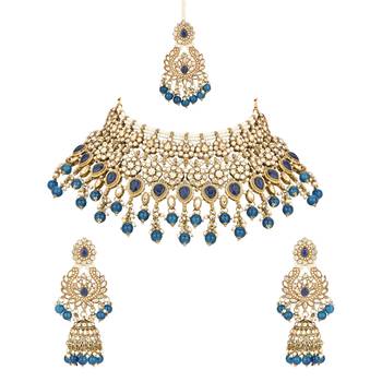 stylish traditional handcrafted heavy look kundan & pearls bridal choker necklace jewellery set 2
