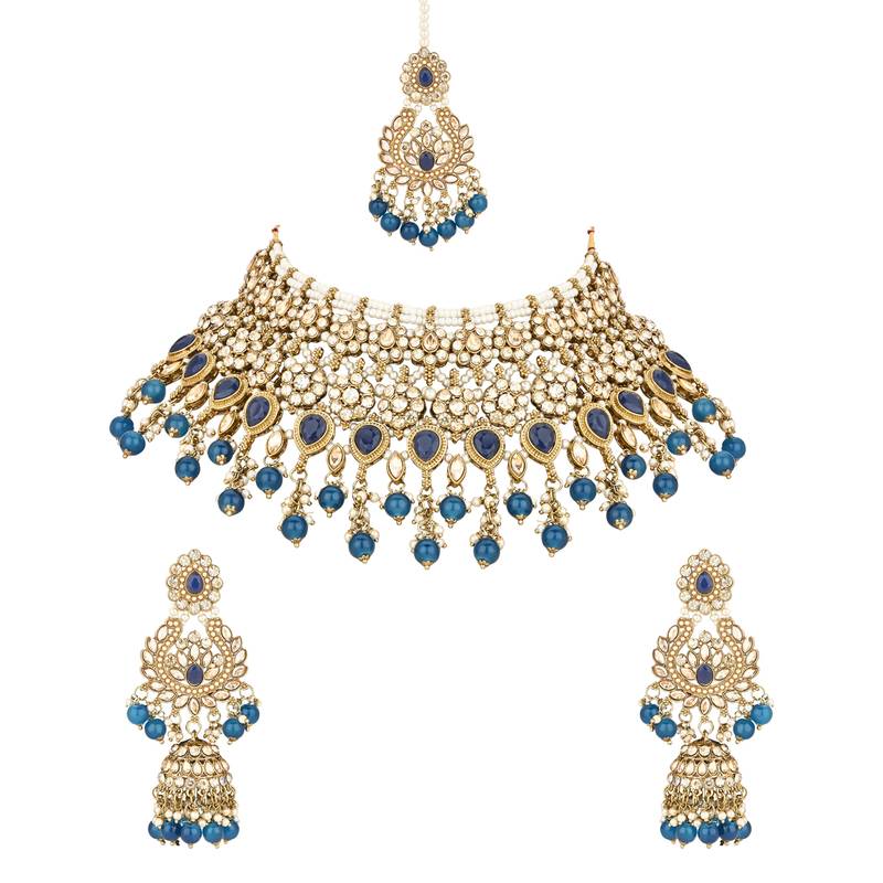 stylish traditional handcrafted heavy look kundan & pearls bridal choker necklace jewellery set