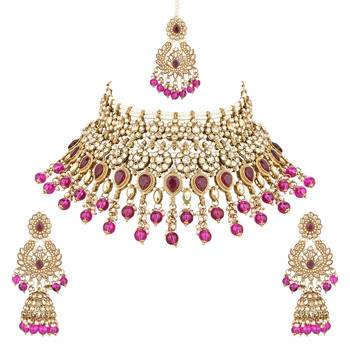 stylish traditional handcrafted heavy look kundan & pearls bridal choker necklace jewellery set 2