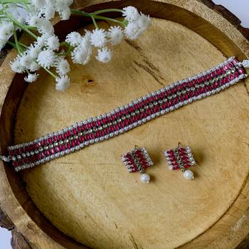 traditional pearl & kundan studded choker necklace jewellery set 1