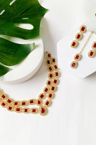 traditional stone choker necklace jewellery with earring & maang tikka set for women & girls 