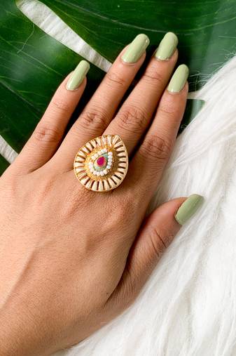 traditional  kundan & pearls teardrop shape adjustable finger ring for women & girls 