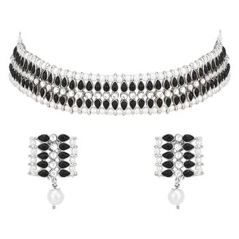 traditional pearl & kundan studded choker necklace jewellery set for women & girls  2