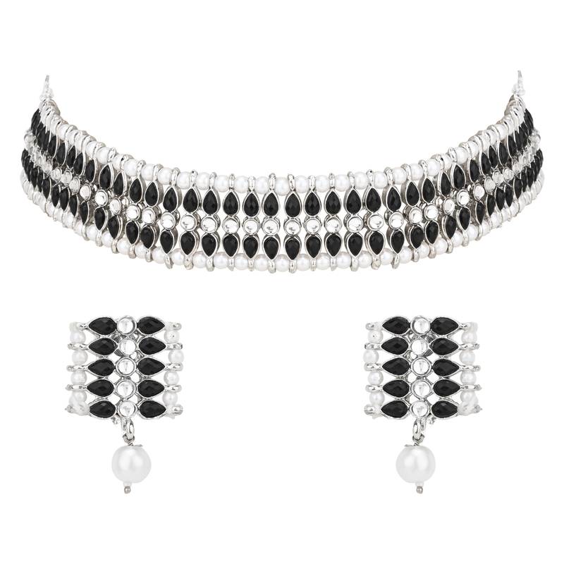 traditional pearl & kundan studded choker necklace jewellery set for women & girls 