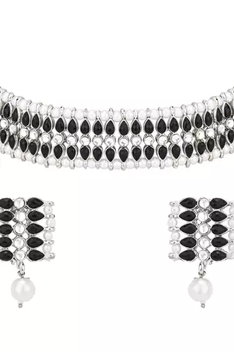 traditional pearl & kundan studded choker necklace jewellery set for women & girls 