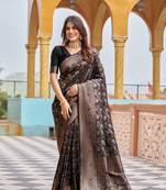 Black Kanjivaram style Leaves silk bland zari work saree with Blouse