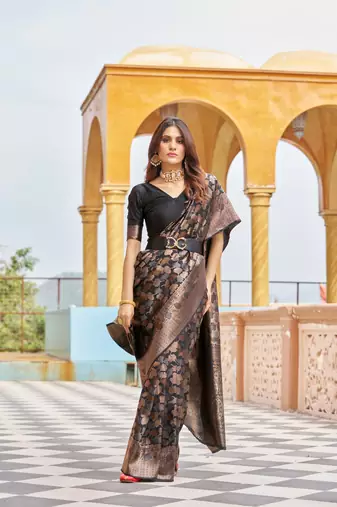 Black Kanjivaram style Leaves silk bland zari work saree with Blouse