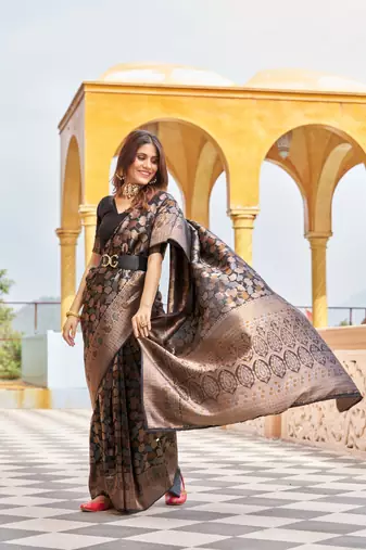 Black Kanjivaram style Leaves silk bland zari work saree with Blouse