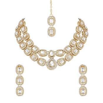 traditional stone choker necklace jewellery with earring & maang tikka set for women & girls  2