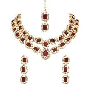 traditional stone choker necklace jewellery with earring & maang tikka set for women & girls  2