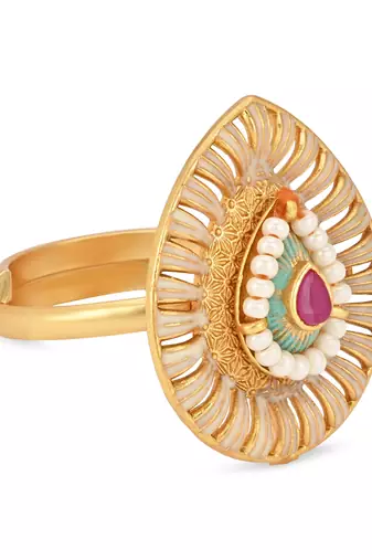 traditional  kundan & pearls teardrop shape adjustable finger ring for women & girls 