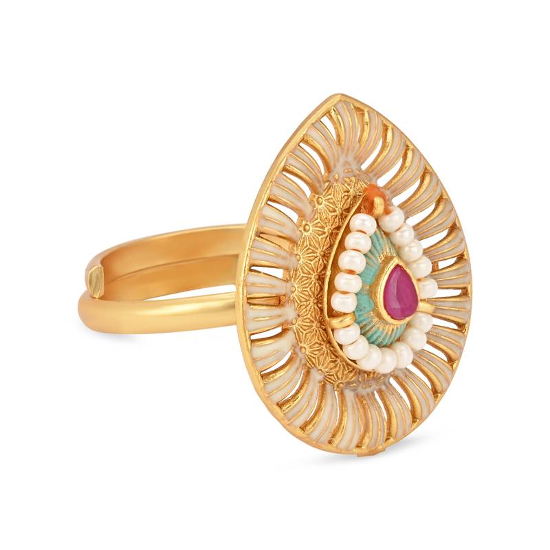 traditional  kundan & pearls teardrop shape adjustable finger ring for women & girls 