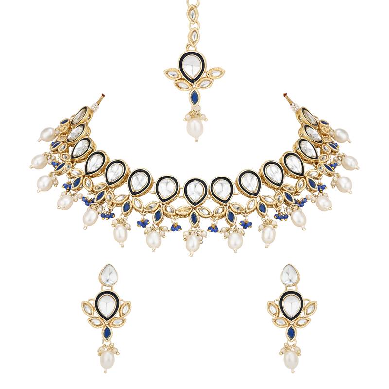 traditional pearl kundan studded floral necklace jewellery set