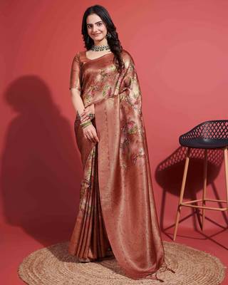 Brown silk blend Blend Saree With Unstitched Blouse Piece 1