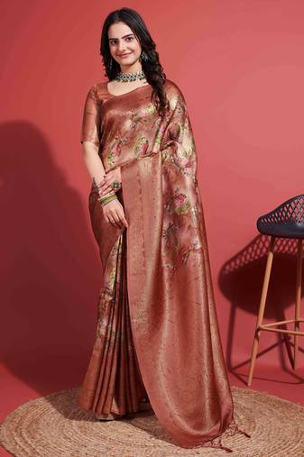 Brown silk blend Blend Saree With Unstitched Blouse Piece