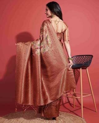 Brown silk blend Blend Saree With Unstitched Blouse Piece 2