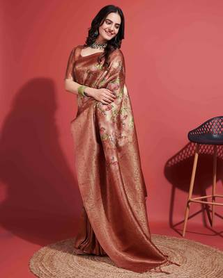 Brown silk blend Blend Saree With Unstitched Blouse Piece 3