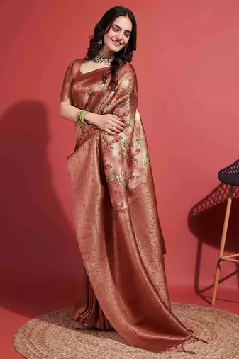 Brown silk blend Blend Saree With Unstitched Blouse Piece
