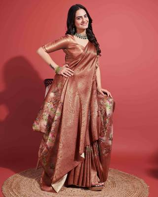Brown silk blend Blend Saree With Unstitched Blouse Piece 4