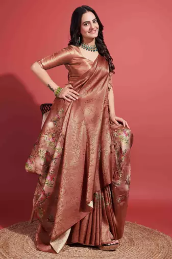 Brown silk blend Blend Saree With Unstitched Blouse Piece