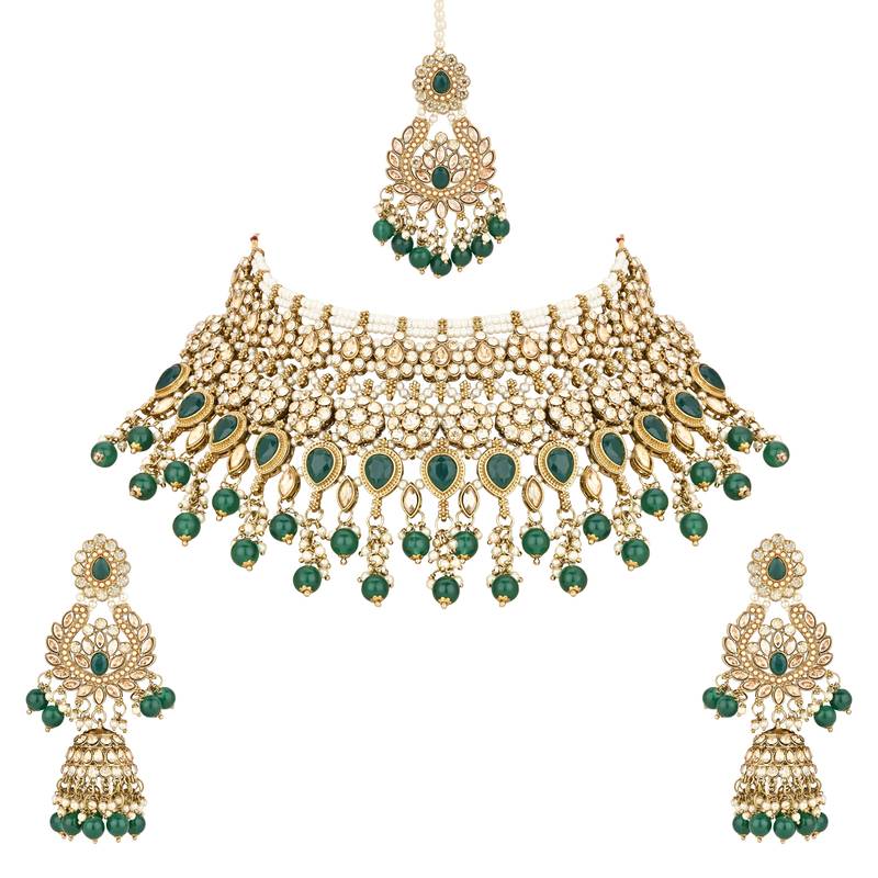 stylish traditional handcrafted heavy look kundan & pearls bridal choker necklace jewellery set 