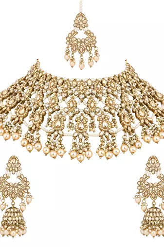stylish traditional kundan & pearl drops bridal choker necklace jewellery set