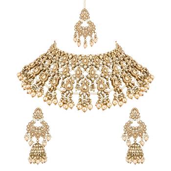 stylish traditional kundan & pearl drops bridal choker necklace jewellery set 3