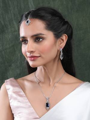 Silver plated blue square ad cz studded leaf pendant set with earrings and maangtika 1